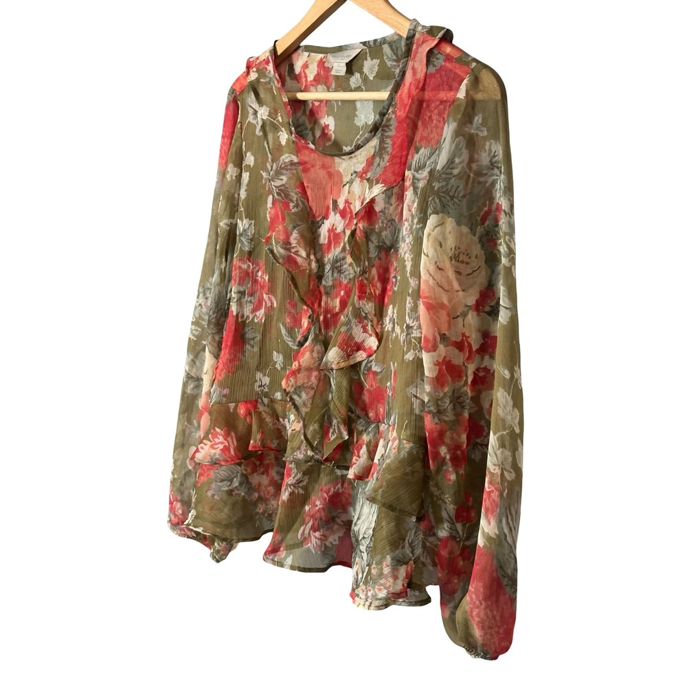 Belle Sky Floral Sheer Ruffle Peplum Blouse Size L Olive Green Red Polyester - Picture 2 of 6